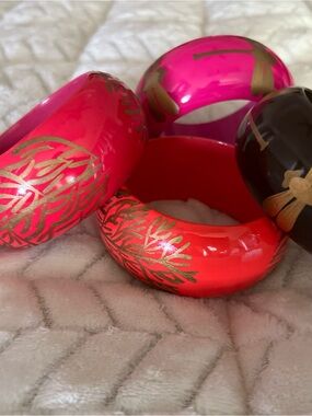 Bold Red, Pink and Brown Resin Bangle Set with Hand-painted Gold Accents